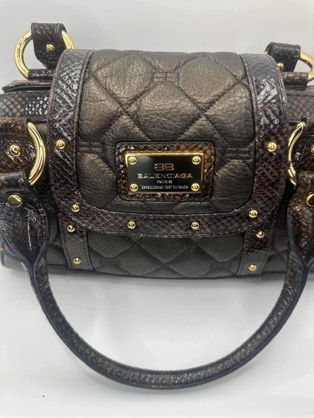 Balenciaga Black Quilted Leather & Python Satchel with Gold Hardware